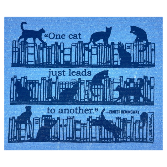 "one cat just leads to another"–Ernest Hemingway cute cats in bookshelves blue Swedish dishcloth soakitup.shop