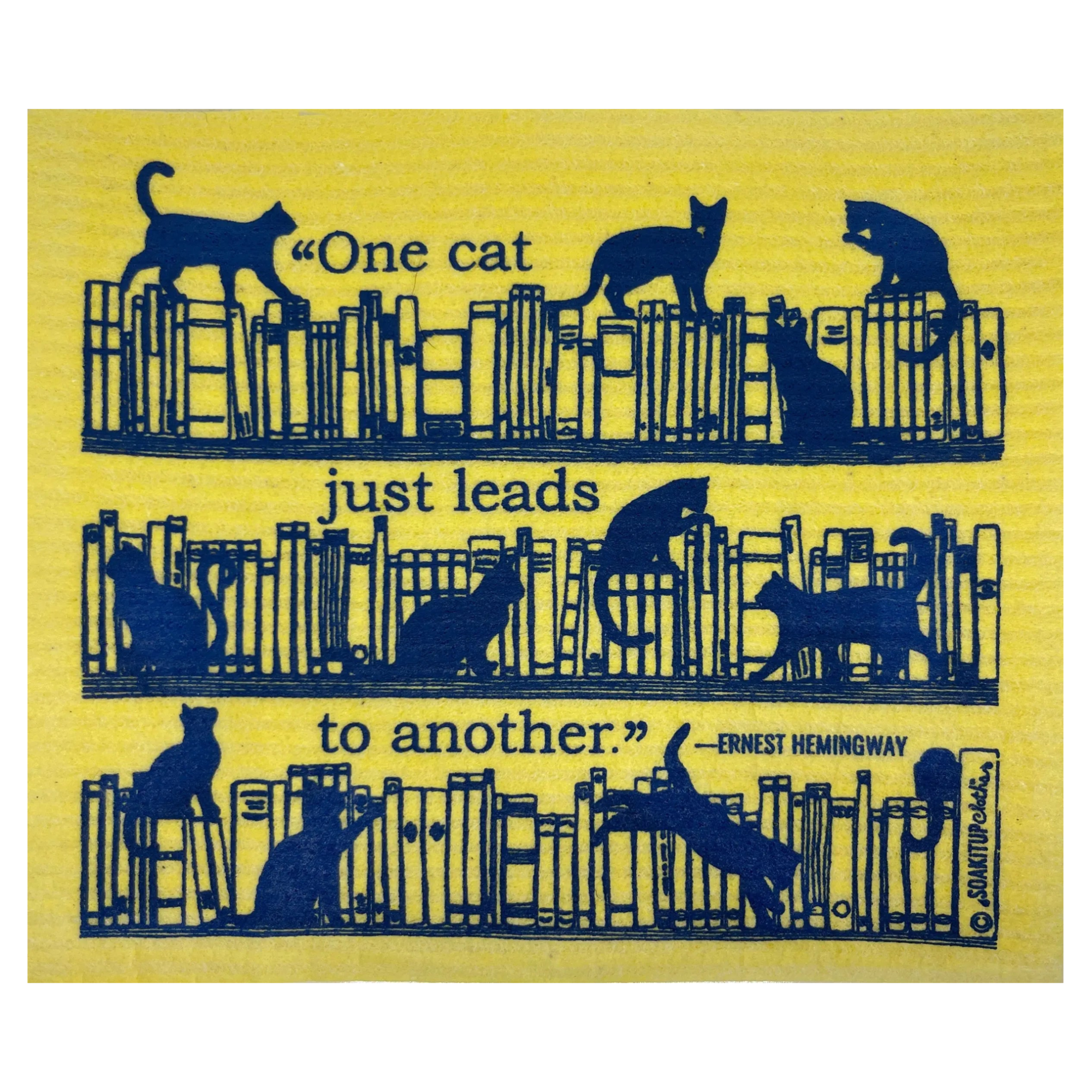 One Cat Just Leads to Another Hemingway quote yellow colored Swedish dishcloth from Soakitup.shop 
