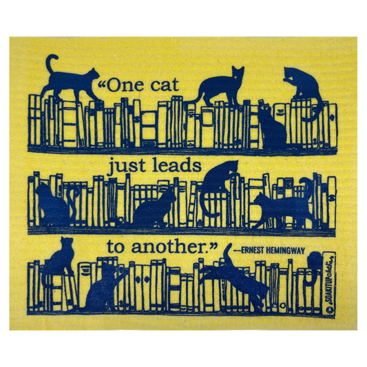 One Cat Just Leads to Another Hemingway quote yellow colored Swedish dishcloth from Soakitup.shop 