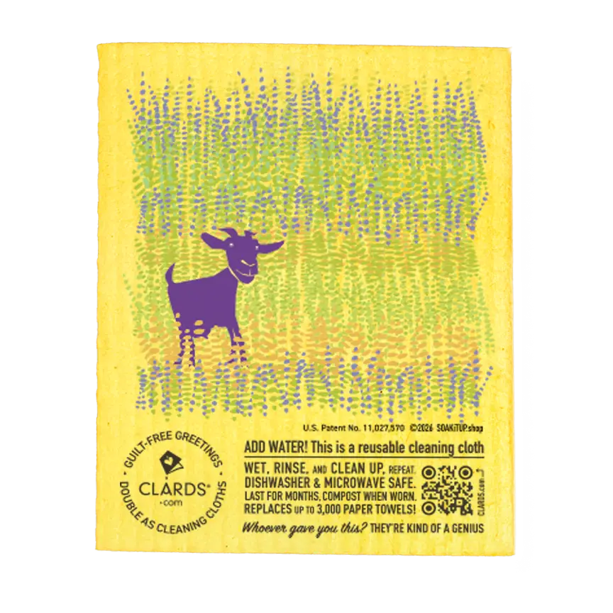A vibrant yellow reusable swedish sponge cloth with a purple standing goat and eco-friendly care instructions by clards