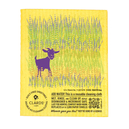 A vibrant yellow reusable swedish sponge cloth with a purple standing goat and eco-friendly care instructions by clards