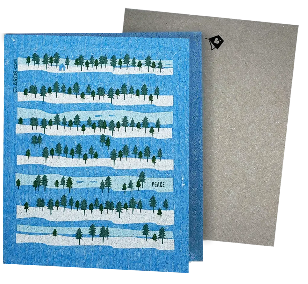 Greeting Turns Into a Cleaning Cloth Clards eco-friendly greeting card - Peace Like A River illustration river and pine trees - turns into 2 reusable sponge cleaning cloths