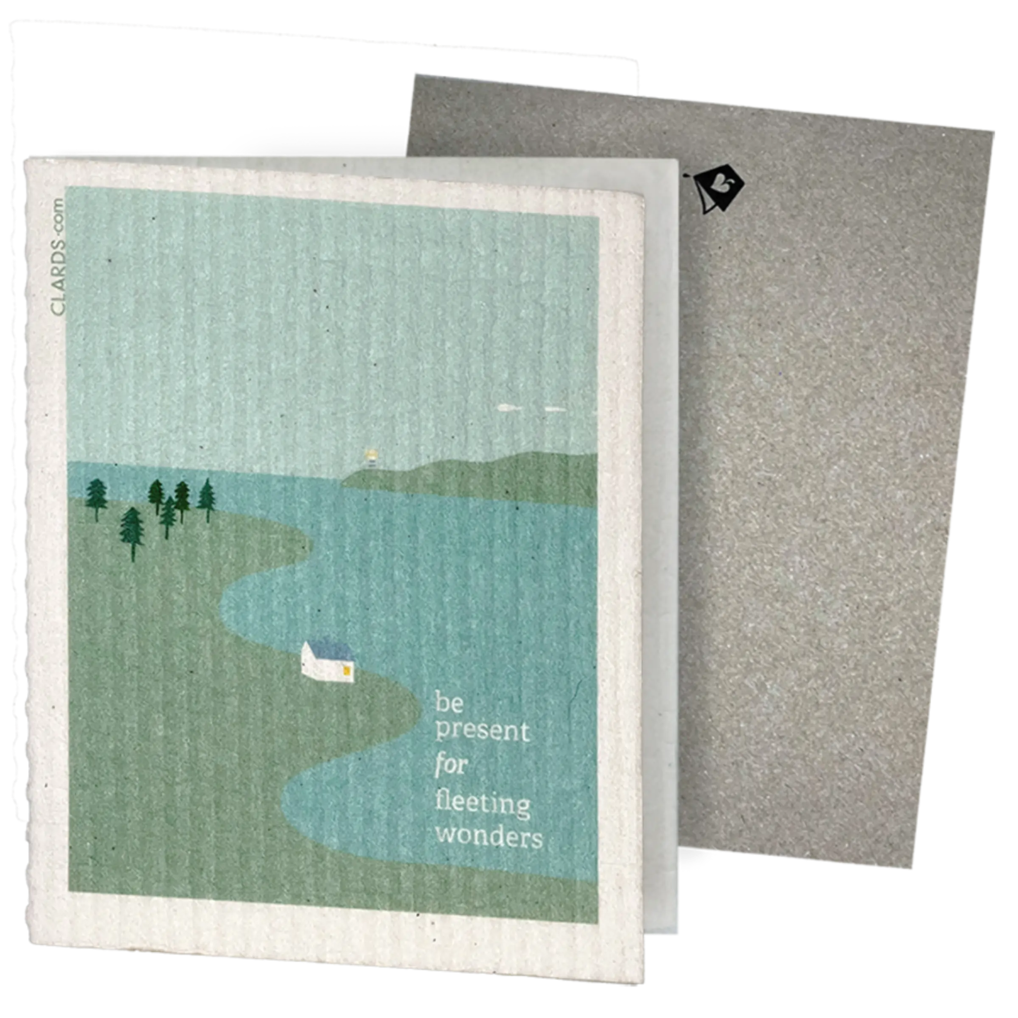 Sponge Clard with a scenic design of a lake and trees, featuring text 'be present for fleeting wonders', on a white background.