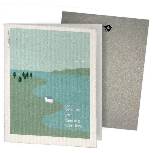 Sponge Clard with a scenic design of a lake and trees, featuring text 'be present for fleeting wonders', on a white background.