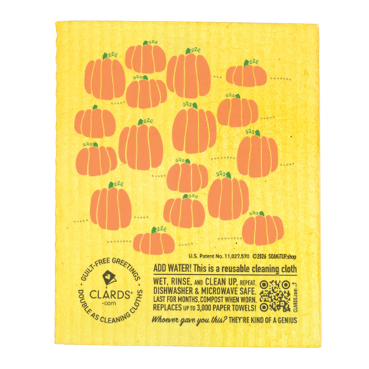 Yellow reusable sponge cloth with orange pumpkin and green stems design from are we pumpkin spiceful yet eco fall card
