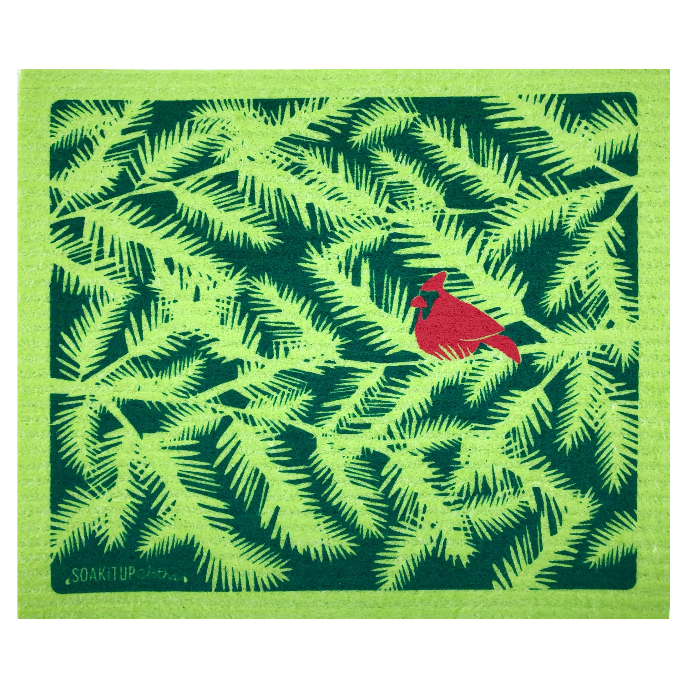 Red Cardinal Evergreen Branches Apple - Swedish Dishcloths