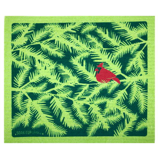 Red Cardinal Evergreen Branches Apple - Swedish Dishcloths