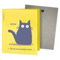 Load image into Gallery viewer, Bright yellow textured swedish sponge cloth with playful blue cat and shed on me text two reusable cleaning cloths
