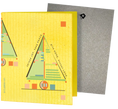 Load image into Gallery viewer, Yellow rectangular reusable cleaning cloth with geometric green orange blue shapes and spread joy text holiday greeting

