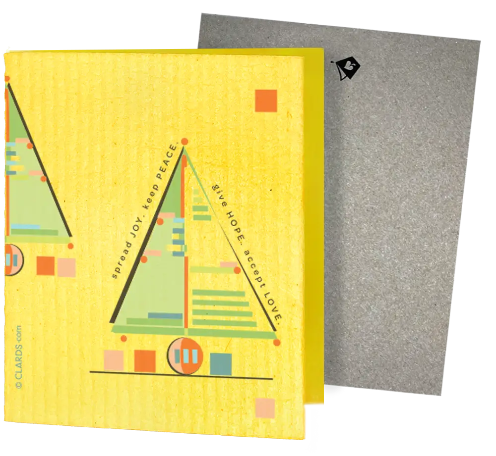 Yellow rectangular reusable cleaning cloth with geometric green orange blue shapes and spread joy text holiday greeting
