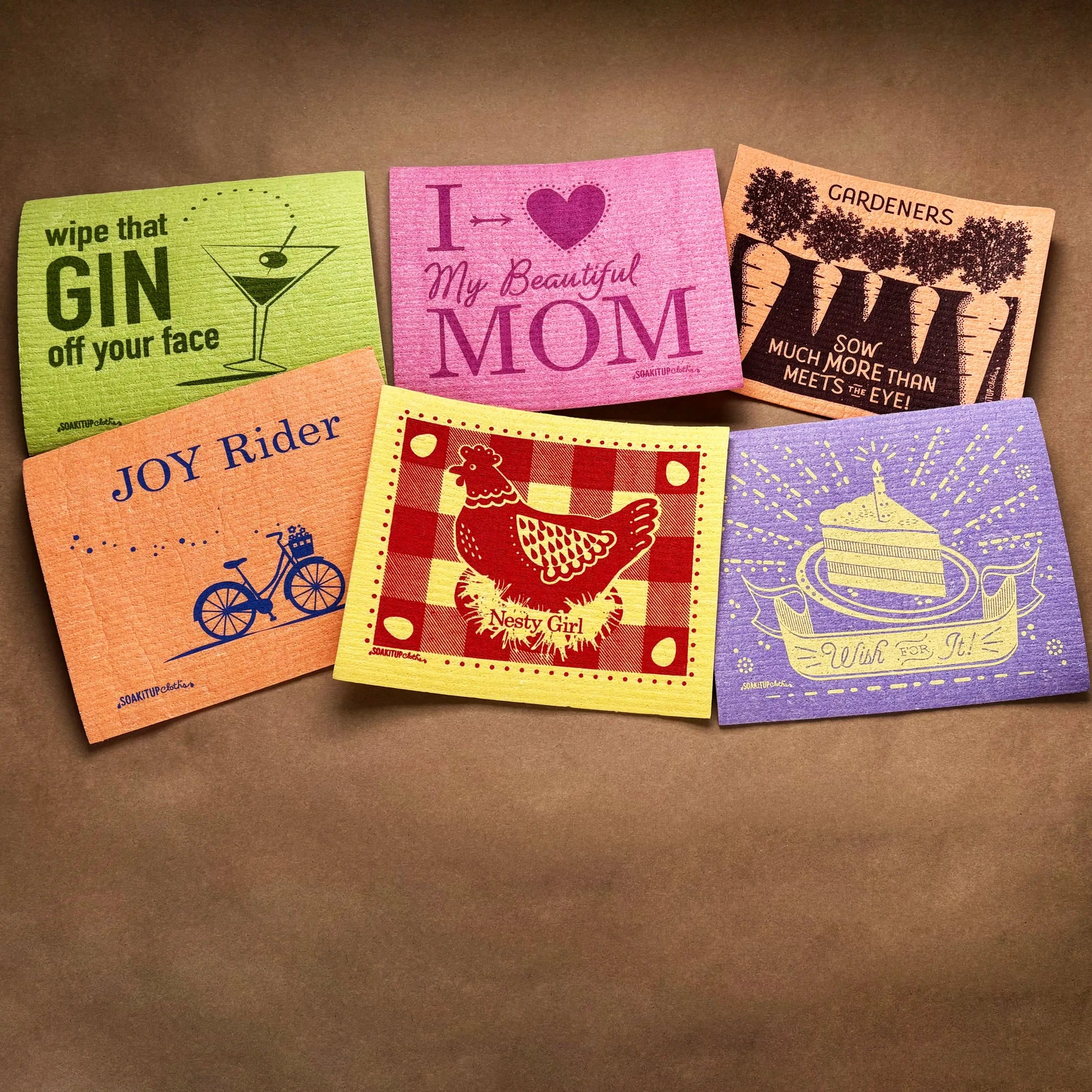 Set of fun and colorful Swedish dishcloths on sale at soakitup.shop with various designs.