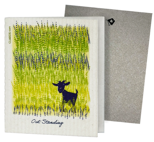 Clards eco-friendly greeting card - goat illustration on a green background - turns into 2 reusable sponge cleaning cloths. featuring the text 'Out Standing'.