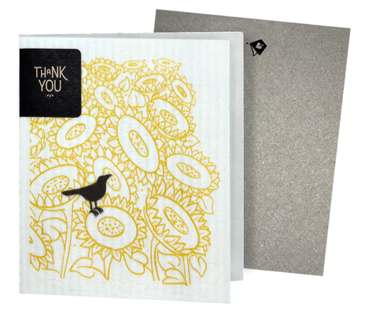 Status Crow with Sunflowers Clards—Greetings that Clean Up -