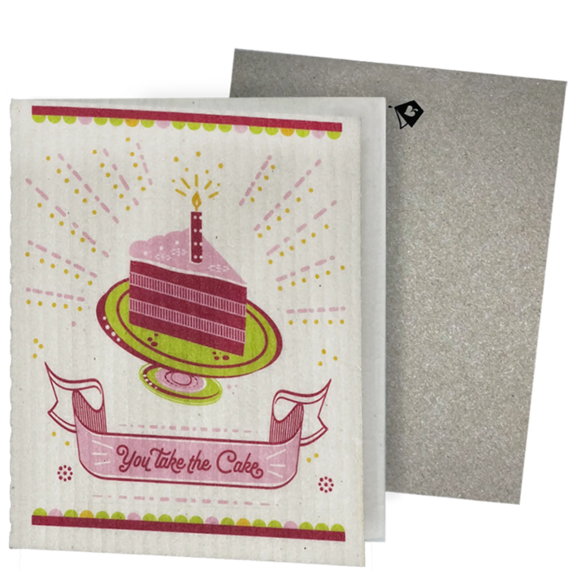 Clards eco-friendly greeting card - cake illustration and text 'You take the cake'  - turns into 2 reusable sponge cleaning on a white background