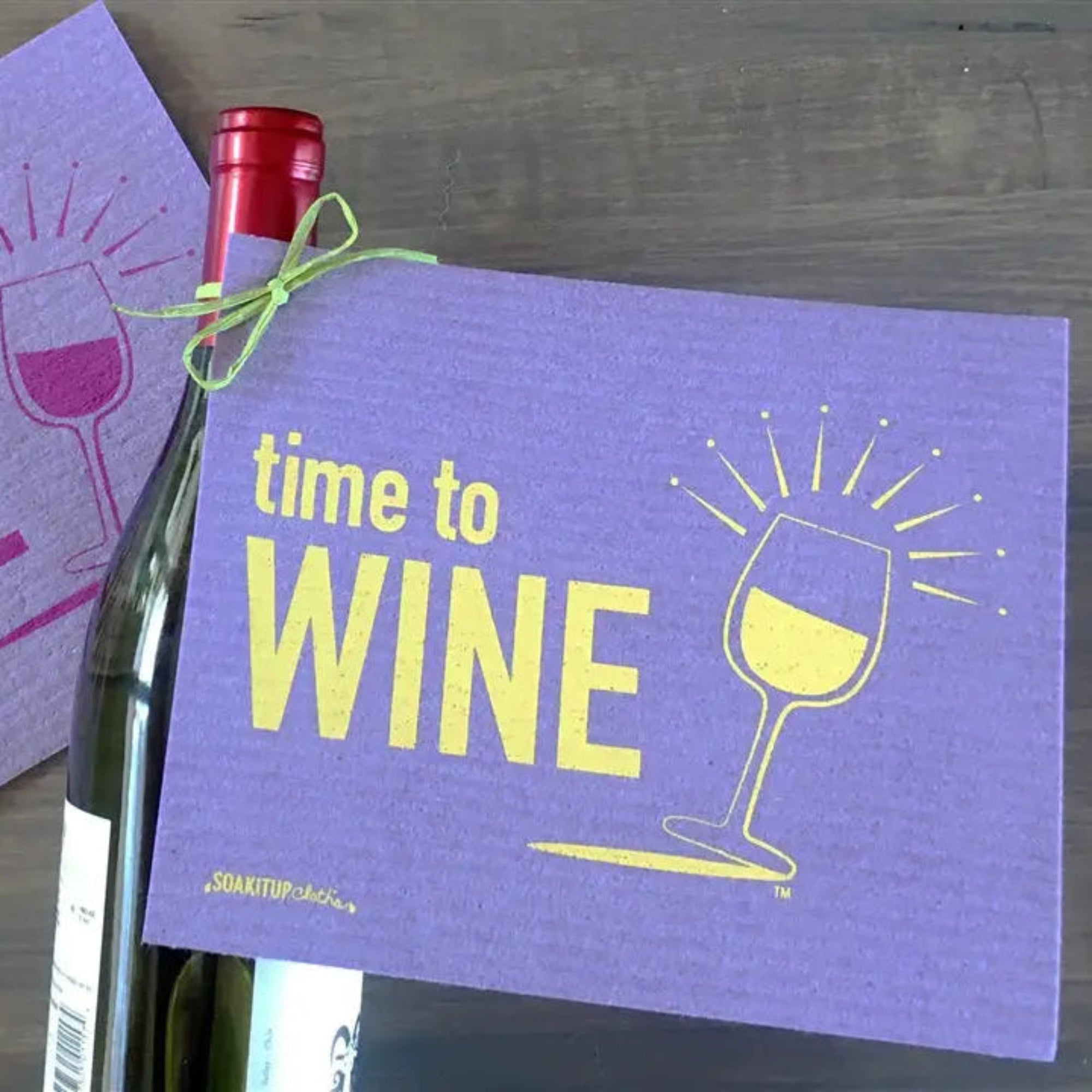Time to Wine purple Swedish dishcloth tied on a bottle example of gift soakitup.shop