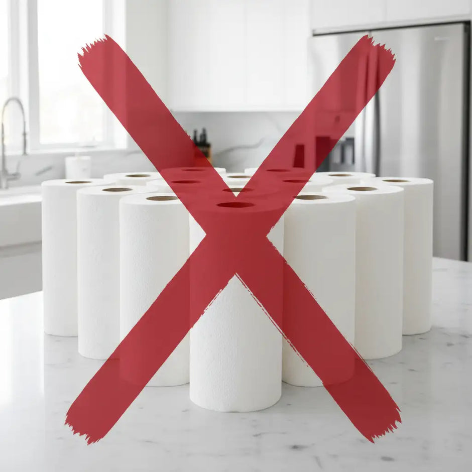White paper towels arranged in a circular pattern on a countertop, overlaid with a bold red x.