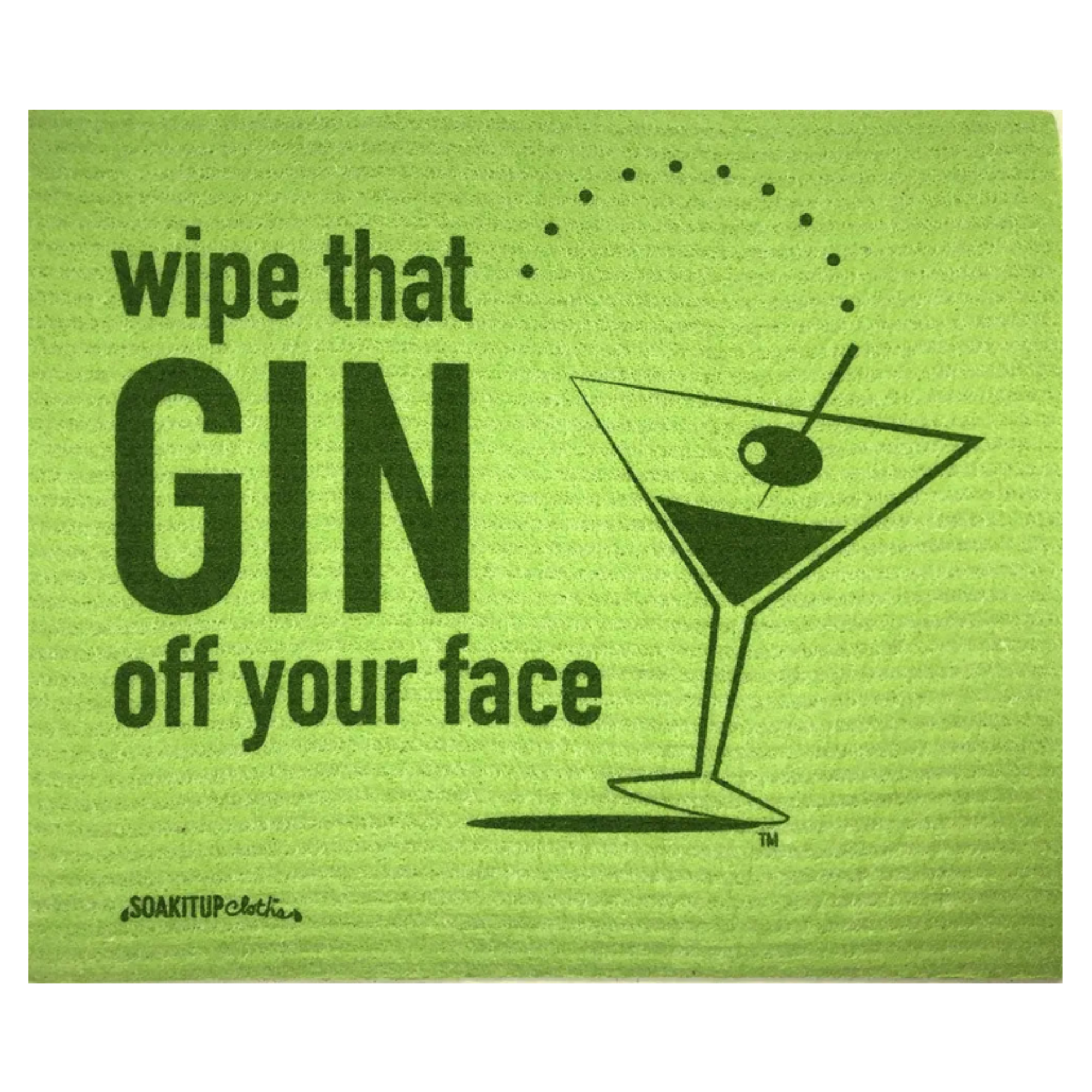 Bright green "Wipe That GIN Off Your Face" text with martini illustration Swedish dishcloths from Soakitup.shop