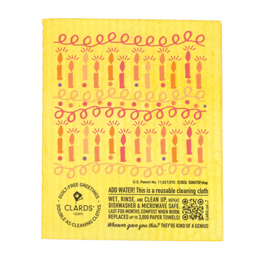 Yellow reusable cleaning cloth with candles pattern by clards made from swedish sponge for eco birthday use