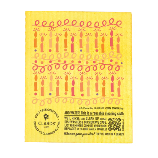 Yellow reusable cleaning cloth with candles pattern by clards made from swedish sponge for eco birthday use