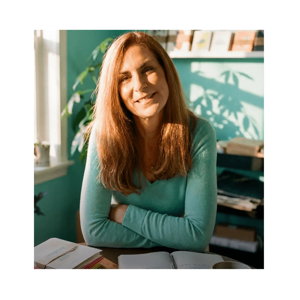 A woman with long, light brown hair wearing a teal-colored long-sleeved top.