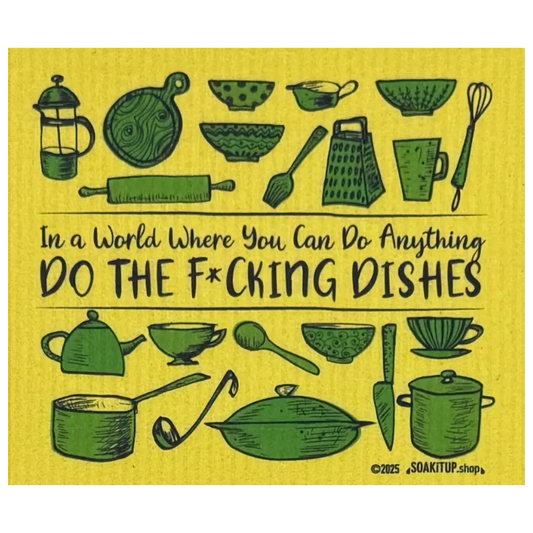 Green illustrated swedish dishcloth with kitchen utensils design on yellow background for doing the dishes